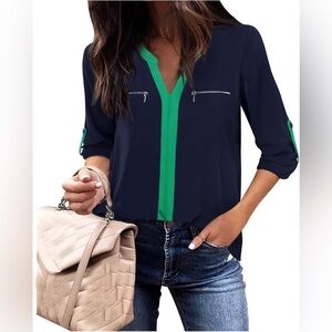 NWT Gaharu Navy Blue Green V-Neck Business‎ 3/4 Sleeve Casual Blouse Top XL (A7)